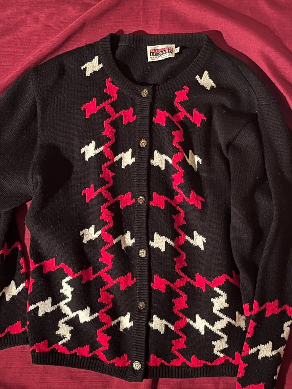 Vintage bold red,Black, and white cardigan from MR. Leonard for women size L